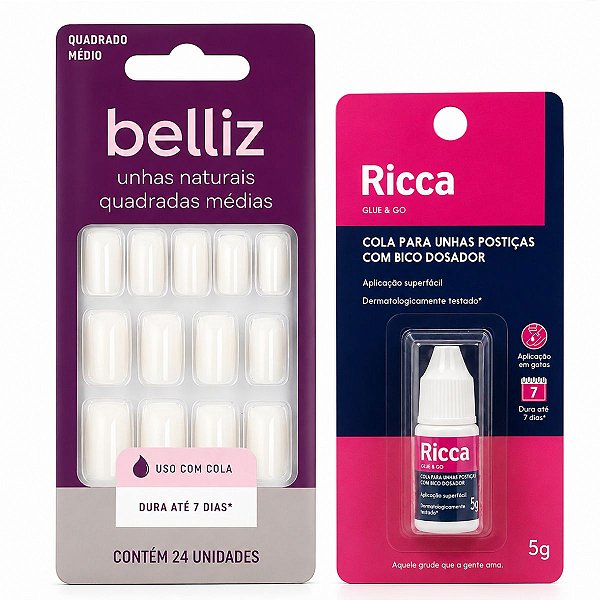Kit Belliz: Unhas Postiças Naturais Belliz Quadradas Médias e Cola De Unhas 5g