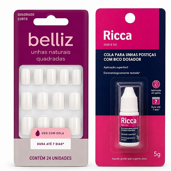 Kit Belliz: Unhas Postiças Naturais Belliz Quadradas e Cola De Unhas 5g