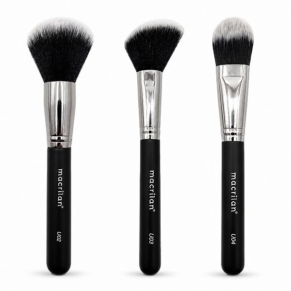 Kit Pincéis Macrilan Ultra Essencial: Base, Pó e Blush
