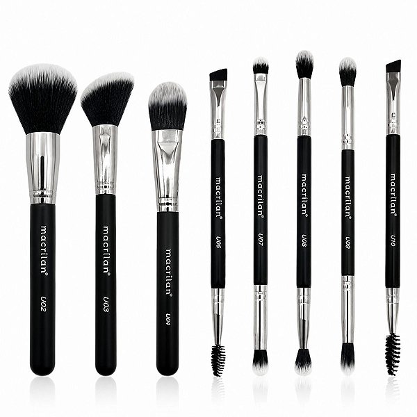Kit Pincéis Macrilan Ultra Essencial: Base, Pó, Blush, Contorno e Iluminador, Corretivo e Precisão, Sombra e Esfumar, Esfumar e Chanfrado com Escova