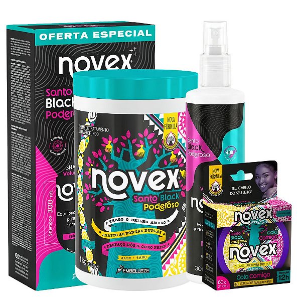 Kit Completo Novex Santo Black Poderoso: Shampoo e Condicionador 300ml, Creme De Tratamento 1kg, Leave-In 300ml e Gel Para Baby Hair 60g