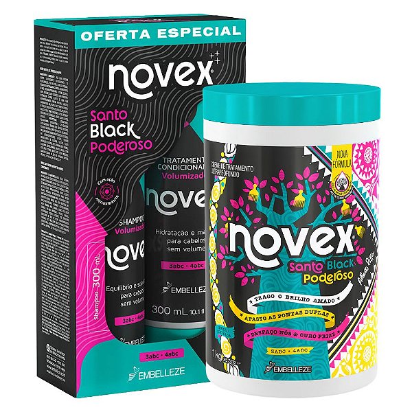 Kit Novex Santo Black Poderoso: Shampoo e Condicionador 300ml e Creme De Tratamento 1kg