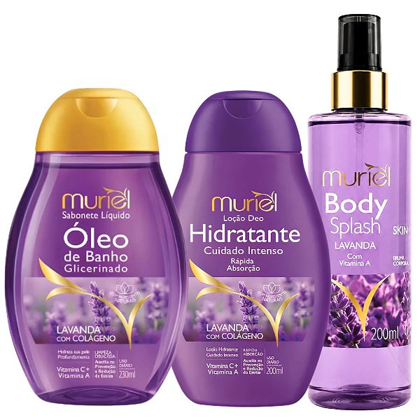 Kit Muriel Completo Lavanda com Colágeno: Óleo de Banho 230ml, Loção Hidratante Corporal e Body Splash 200ml
