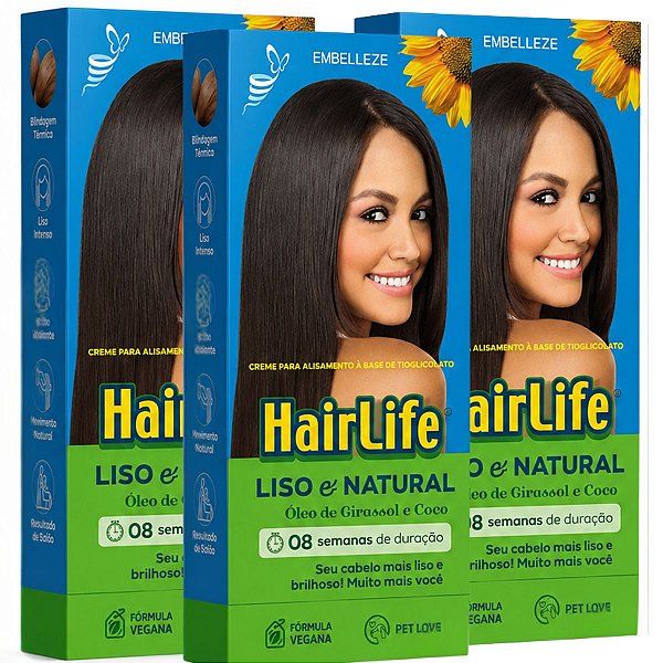Kit Embelleze HairLife Liso e Natural Óleo de Girassol e Coco: 3 Creme Alisante Tioglicolato 80g