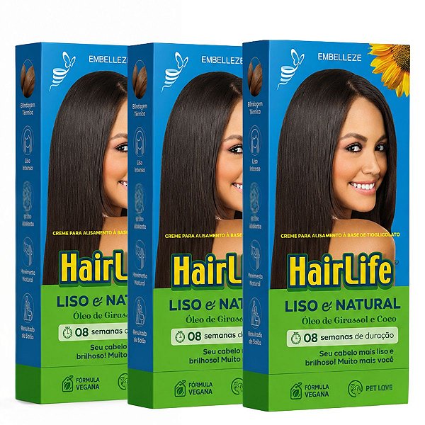 Kit Embelleze HairLife Óleo de Girassol: 3 Creme alisante Tioglicolato 80g
