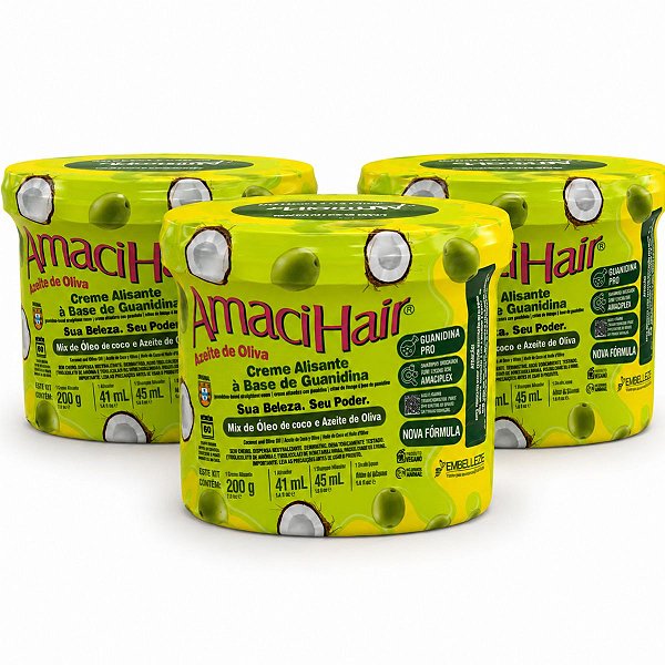 Kit Embelleze AmaciHair Azeite De Oliva: 3 Creme Alisante Guanidina 200g