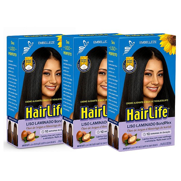Kit Embelleze HairLife Liso Laminado: 3 Creme alisante Tioglicolato 80g