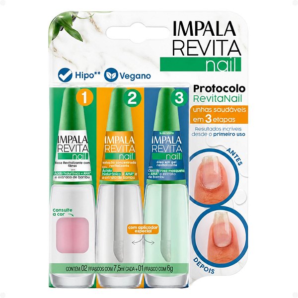 Kit Impala Revita Nail: Base Revitalizante Rosa Sweet, Solução Concentrada e Óleo Em Gel