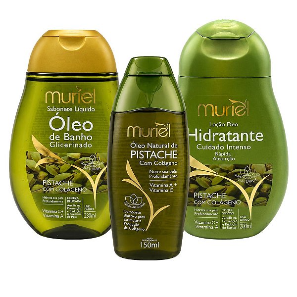 Kit Completo Muriel Pistache Com Colágeno: Óleo Natural, Loção Deo Corporal 200ml e Óleo de Banho 230ml