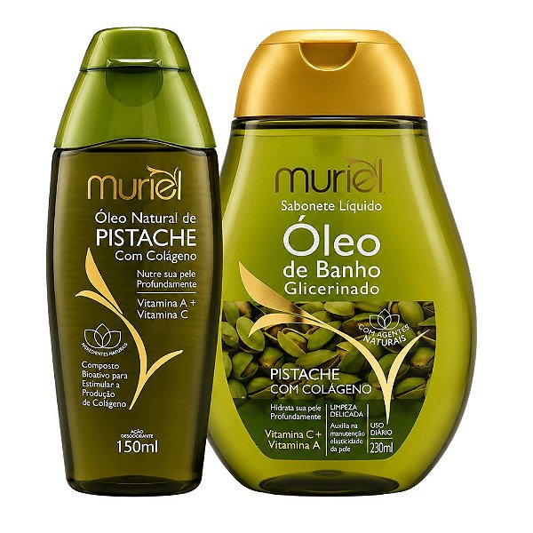 Kit  Muriel Pistache Com Colágeno: Óleo Natural Corporal 200ml e Óleo de Banho 230ml