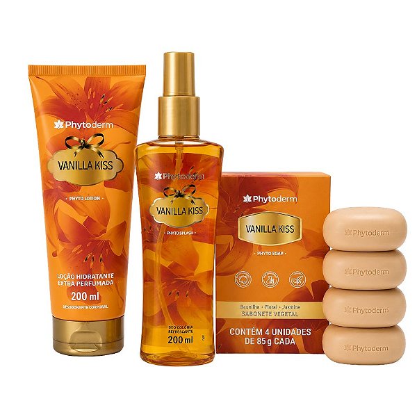 Kit Phytoderm Vanilla Kiss: Deo Colônia, Loção Hidratante 200ml e 4 Sabonetes Vegetais 85g