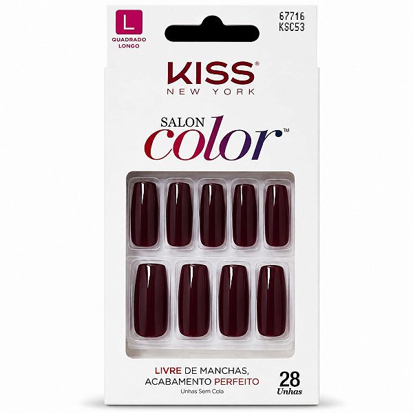 Unhas Postiças Kiss New York Salon Color Quadrado Longo 28 Unidades Cód. KSC53