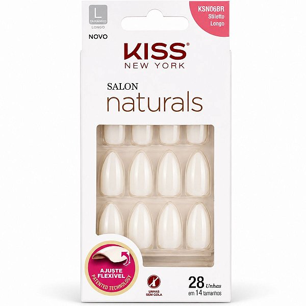 Unhas Postiças Kiss New York Salon Naturals Stiletto Longo 28 Unidades Cód. KSN06BR