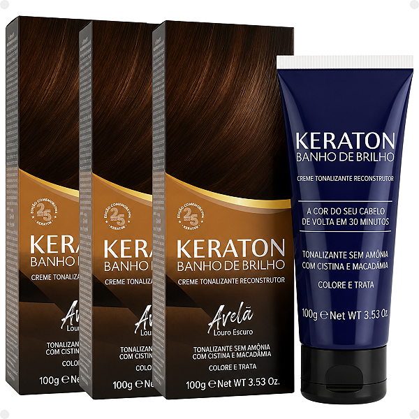 Kit Kert Keraton: 3 Tonalizantes Banho de Brilho Vegan Avelã Louro Escuro 100g
