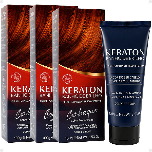 Kit Kert Keraton: 3 Tonalizantes Banho de Brilho Vegan Conhaque Cobre Avermelhado 100g