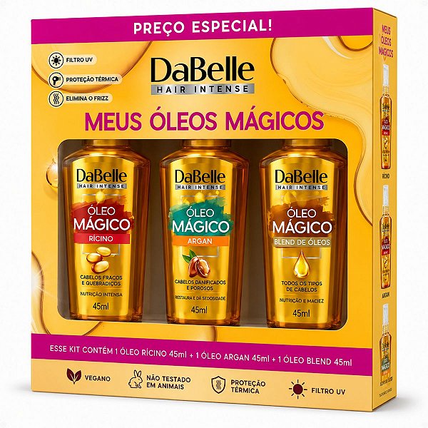 Kit DaBelle Meus Óleos Mágicos: 3 Óleos Capilares Rícino, Argan e Blend De Óleos 45ml