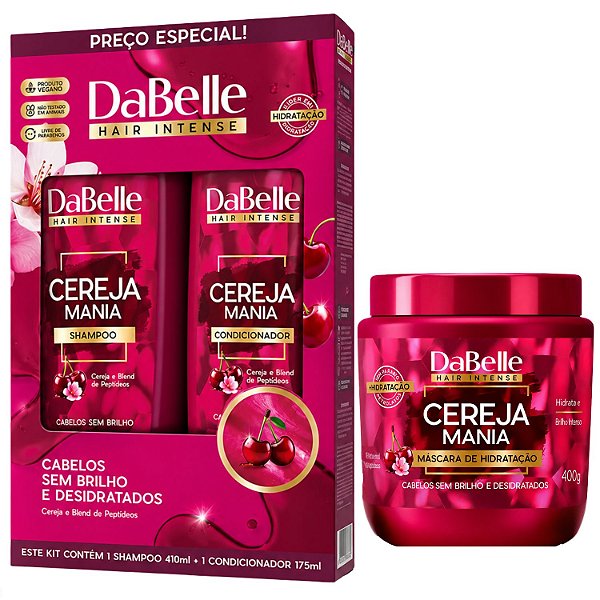 Kit DaBelle Cereja Mania: Shampoo 410ml e Condicionador 175ml + Máscara de Hidratação 400g