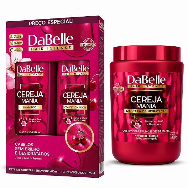 Kit DaBelle Cereja Mania: Shampoo 410ml e Condicionador 175ml + Máscara de Hidratação 800g