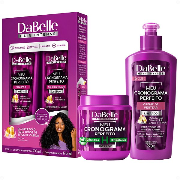 Kit DaBelle Meu Cronograma Perfeito: Shampoo 410ml e Condicionador 175ml + Máscara de Hidratação, Creme de Pentear
