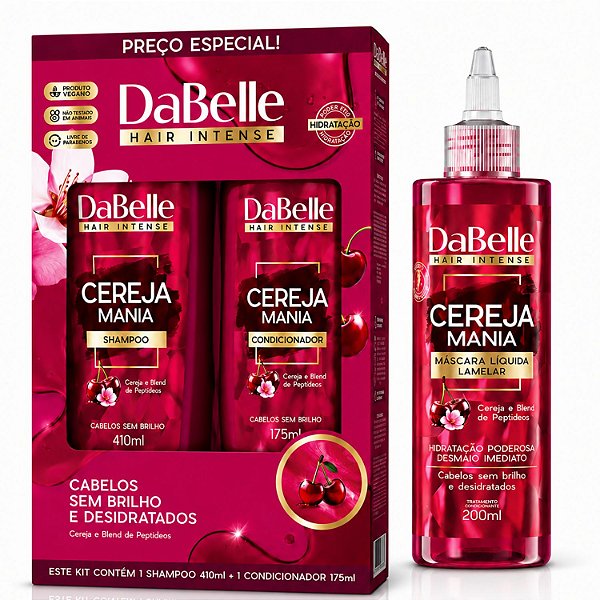 Kit DaBelle Cereja Mania: Shampoo 410ml e Condicionador 175ml + Máscara Líquida Lamelar 200ml