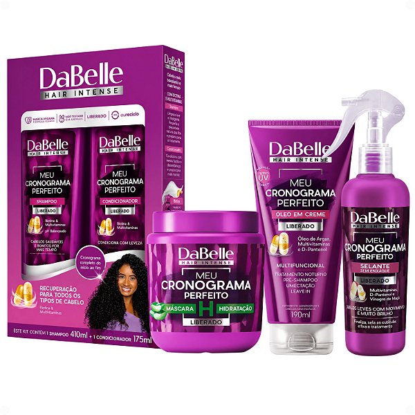 Kit DaBelle Meu Cronograma Perfeito: Shampoo 410ml e Condicionador 175ml + Máscara de Hidratação, Óleo em Creme, Selante