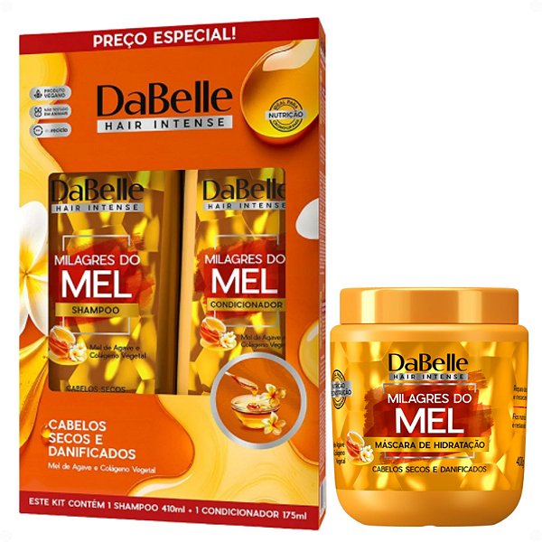 Kit DaBelle Milagres do Mel: Shampoo 410ml e Condicionador 175ml + Máscara de Hidratação 400g