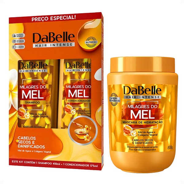 Kit DaBelle Milagres do Mel: Shampoo 410ml e Condicionador 175ml + Máscara de Hidratação 800g