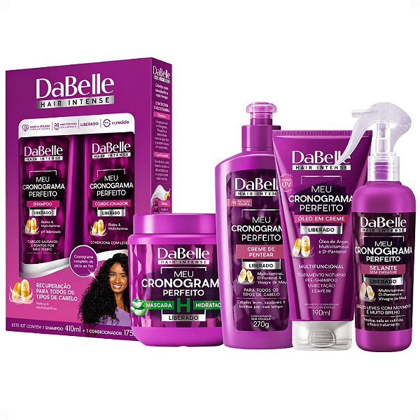 Kit DaBelle Meu Cronograma Perfeito: Shampoo 410ml e Condicionador 175ml + Máscara de Hidratação, Creme de Pentear, Óleo em Creme, Selante