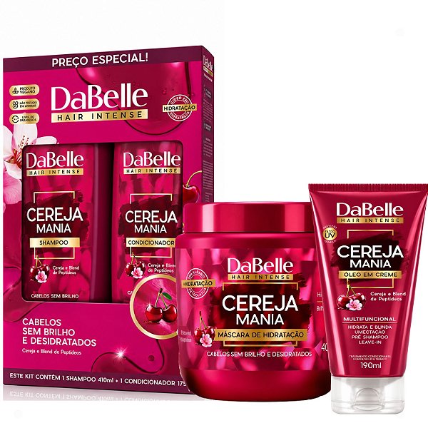 Kit DaBelle Cereja Mania: Shampoo 410ml e Condicionador 175ml + Máscara 400g, Óleo Em Creme