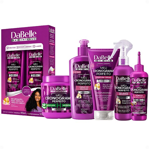Kit DaBelle Meu Cronograma Perfeito: Shampoo 410ml e Condicionador 175ml + Máscara de Hidratação, Creme de Pentear, Óleo em Creme, Selante, Tônico