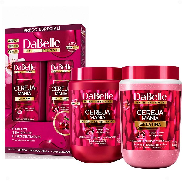 Kit DaBelle Cereja Mania: Shampoo 410ml e Condicionador 175ml + Máscara 800g, Gelatina 800g
