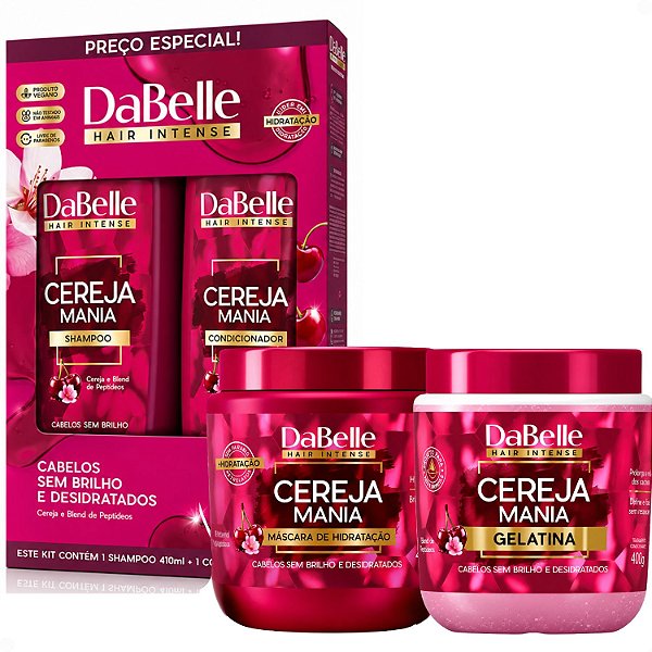 Kit DaBelle Cereja Mania: Shampoo 410ml e Condicionador 175ml + Máscara 400g, Gelatina 400g