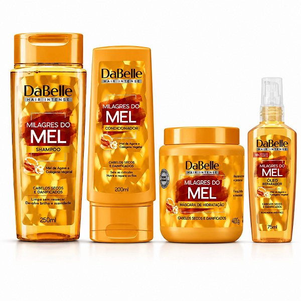 Kit DaBelle Milagres Do Mel: Shampoo 250ml, Condicionador 200ml, Máscara 400g e Óleo Reparador 75ml