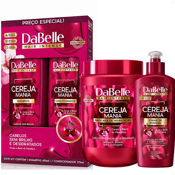 Kit DaBelle Cereja Mania: Shampoo 410ml e Condicionador 175ml + Máscara 800g, Creme De Pentear