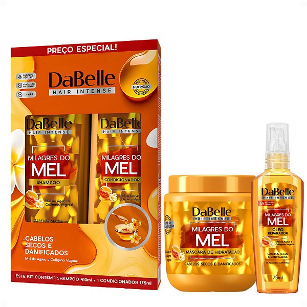 Kit DaBelle Milagres Do Mel: Shampoo 410ml, Condicionador 175ml, Máscara 400g e Óleo Reparador 75ml