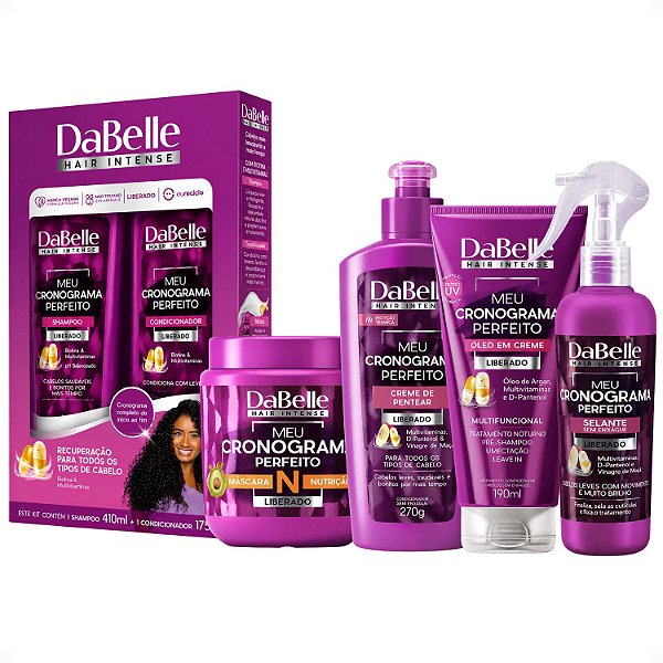 Kit DaBelle Meu Cronograma Perfeito: Shampoo 410ml e Condicionador 175ml + Máscara de Nutrição, Creme de Pentear, Óleo em Creme, Selante