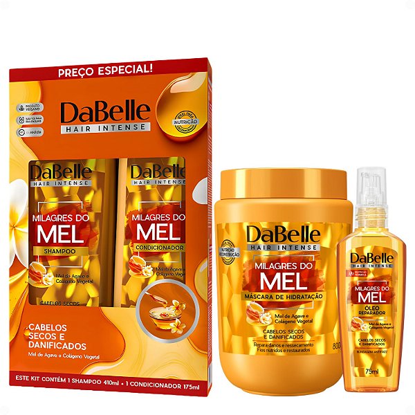 Kit DaBelle Milagres Do Mel: Shampoo 410ml, Condicionador 175ml, Máscara 800g e Óleo Reparador 75ml