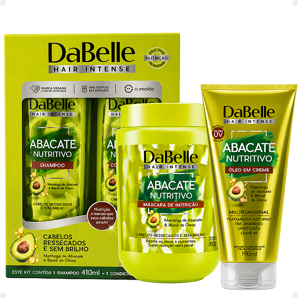 Kit DaBelle Abacate Nutritivo: Shampoo 410ml e Condicionador 175ml+ Máscara De Nutrição 800g, Óleo Em Creme 190ml