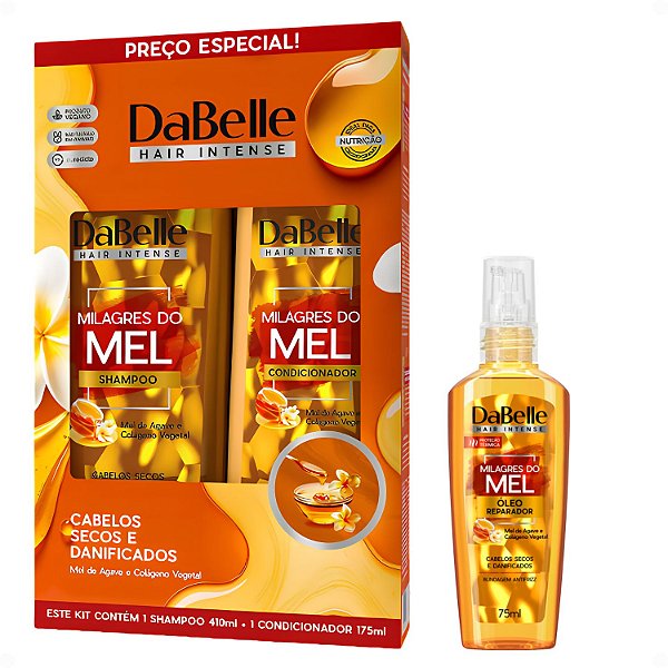 Kit DaBelle Milagres Do Mel: Shampoo  410ml, Condicionador 175ml e Óleo Reparador 75ml