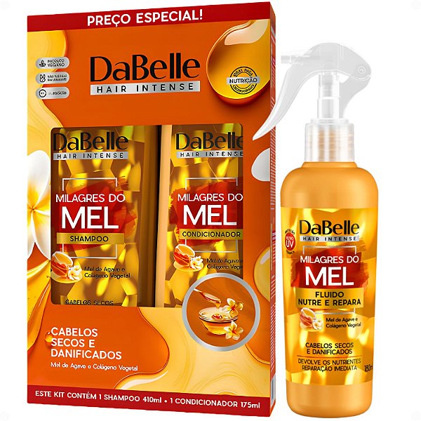 Kit DaBelle Milagres Do Mel: Shampoo 410ml, Condicionador 175ml e Fluido Nutre e Repara 180ml
