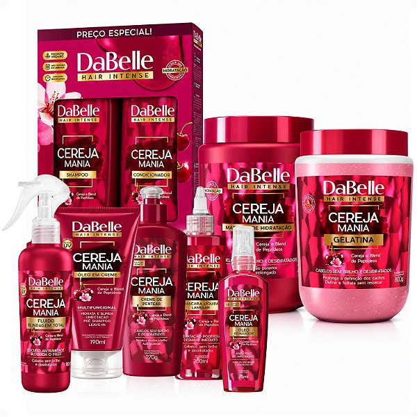 Kit Completo DaBelle Cereja Mania: Com Shampoo 410ml e Condicionador 175ml + Máscara 800g e Finalizadores