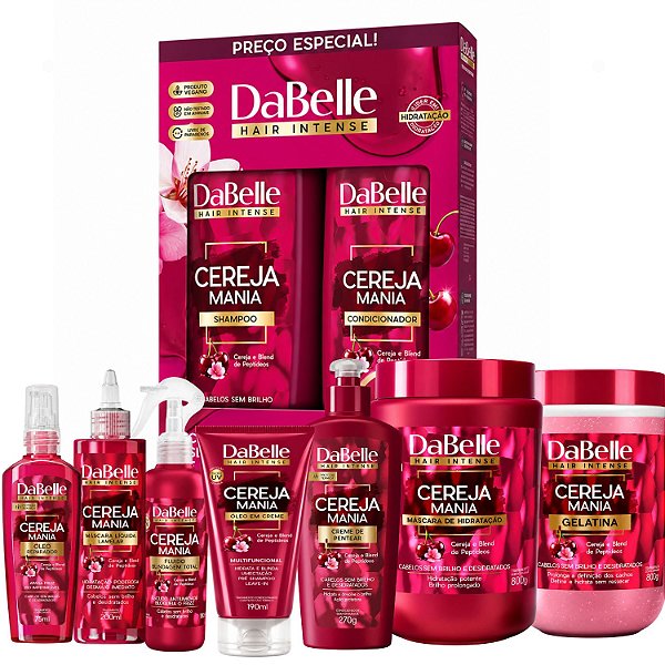 Kit Completo DaBelle Cereja Mania: Com Shampoo 410ml e Condicionador 175ml + Máscara 800g e Finalizadores