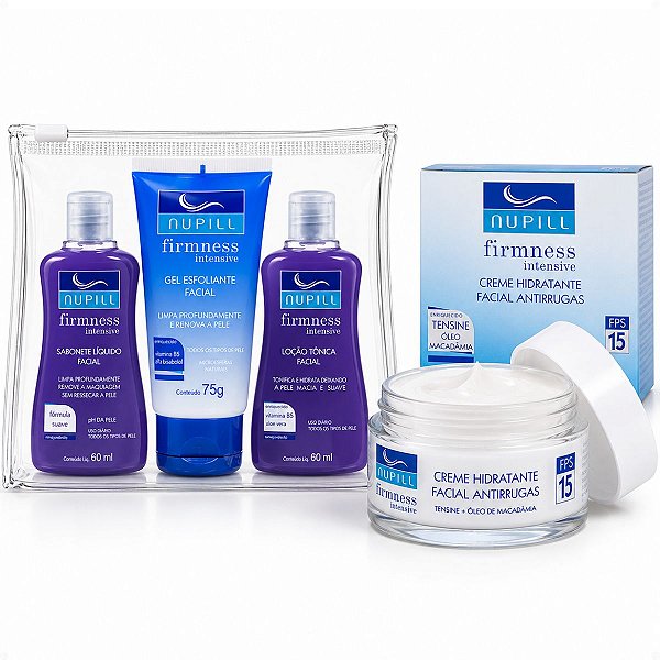 Kit Nupill Firmness Intensive: Creme Facial Antirrugas FPS 15 e Travel Com Sabonete, Gel Esfoliante e Loção Tônica