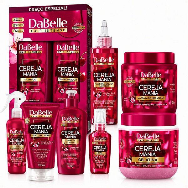Kit Completo DaBelle Cereja Mania: Com Shampoo 410ml e Condicionador 175ml + Máscara 400g e Finalizadores