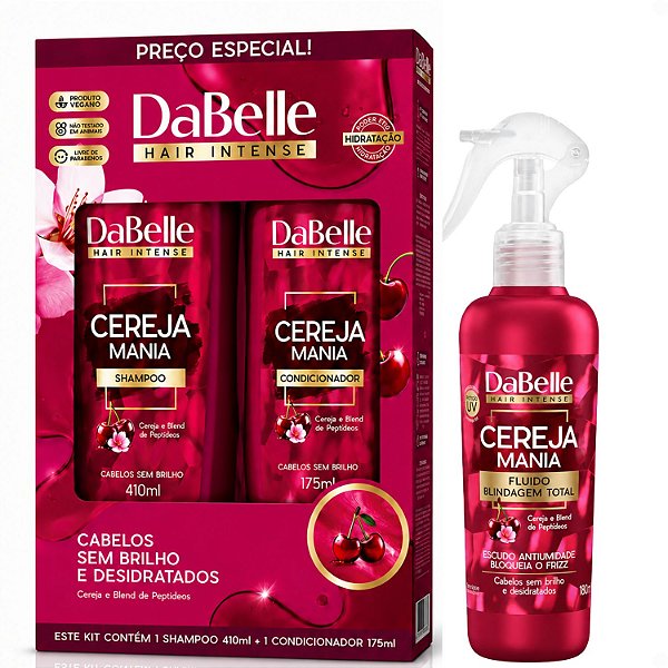 Kit DaBelle Cereja Mania: Shampoo 410ml e Condicionador 175ml + Fluido Blindagem Total 180ml