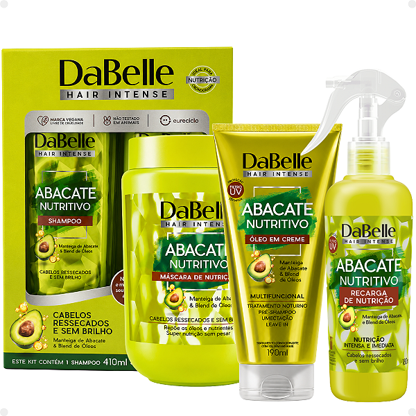 Kit DaBelle Abacate Nutritivo: Shampoo 410ml e Condicionador 175ml+ Máscara De Nutrição 800g, Óleo em Creme 190ml, Recarga de Nutrição 180ml
