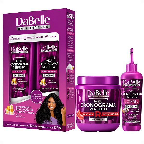 Kit DaBelle Meu Cronograma Perfeito: Shampoo 410ml e Condicionador 175ml + Máscara de Reconstrução, Tônico