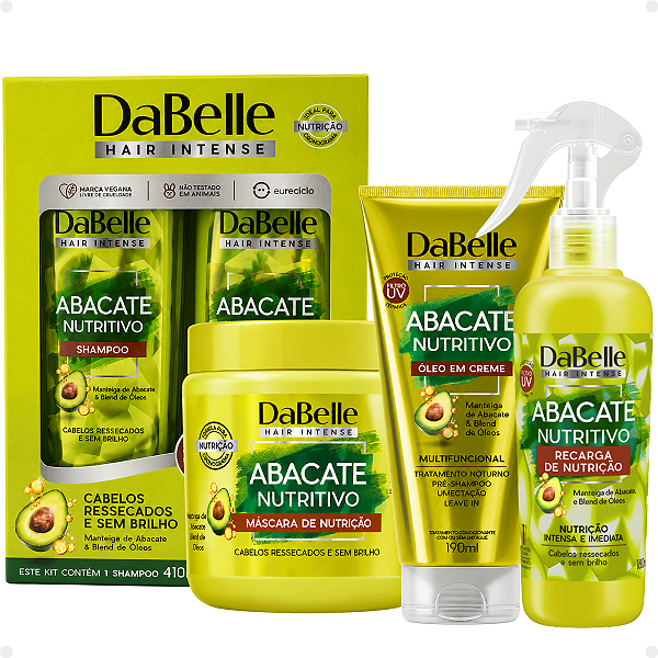Kit DaBelle Abacate Nutritivo: Shampoo 410ml e Condicionador 175ml+ Máscara De Nutrição 400g, Óleo em Creme 190ml, Recarga de Nutrição 180ml