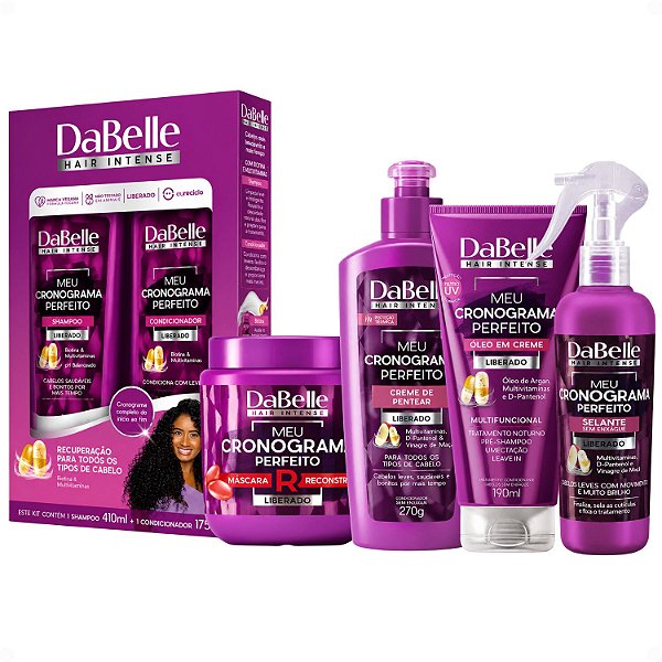 Kit DaBelle Meu Cronograma Perfeito: Shampoo 410ml e Condicionador 175ml + Máscara de Reconstrução, Creme de Pentear, Óleo em Creme, Selante