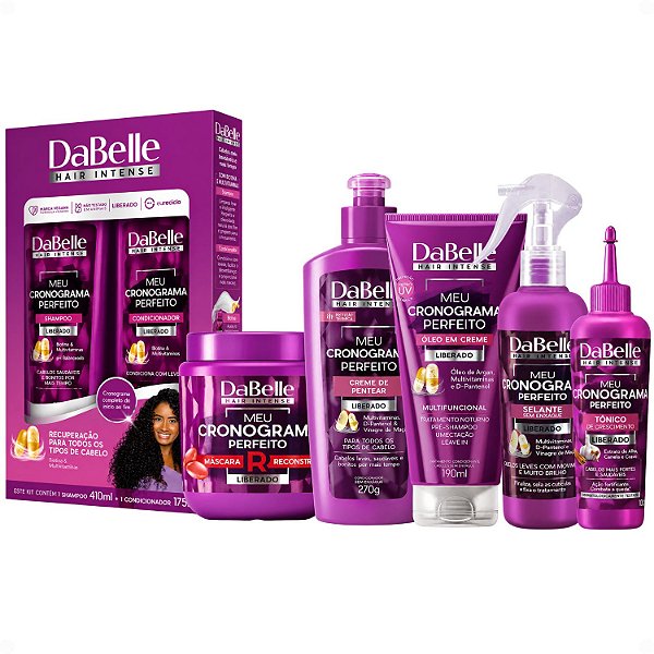 Kit DaBelle Meu Cronograma Perfeito: Shampoo 410ml e Condicionador 175ml + Máscara de Reconstrução, Creme de Pentear, Óleo em Creme, Selante, Tônico